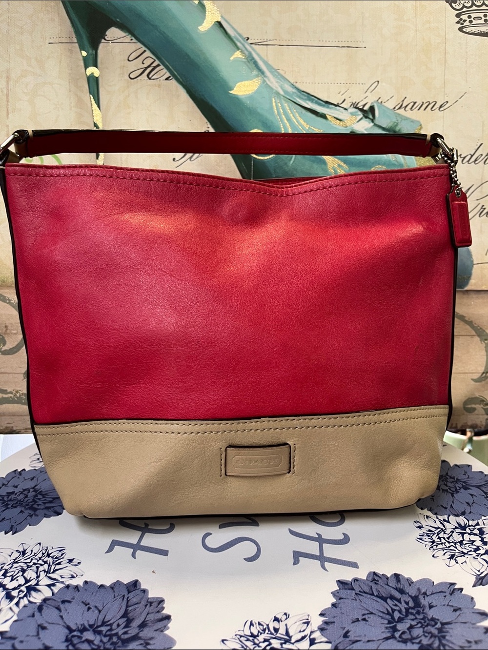 Coach Vintage Red and Tan Two-Tone Leather Shoulder Bag